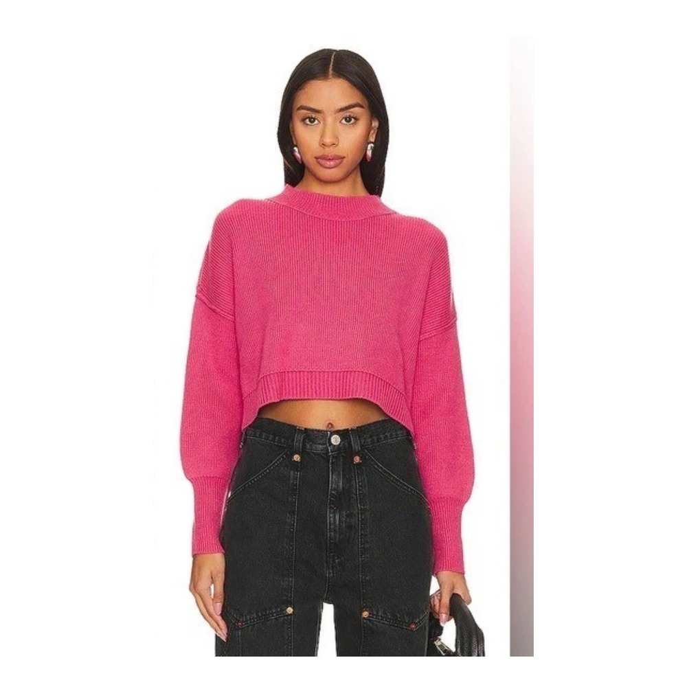 Free People Hot Pink Ribbed Knit Crop Sweater Mock Neck Boxy Mens M